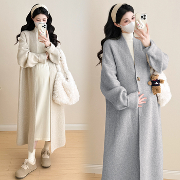 Σετ εγκύου για φθινόπωρο-χειμώνα: cardigan με ένα κουμπί και φόρεμα, V-ντεκολτέ, άνοιγμα θηλασμού, μακριά μανίκια, μακριή φούστα