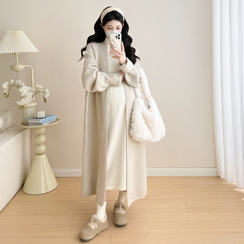 Σετ εγκύου για φθινόπωρο-χειμώνα: cardigan με ένα κουμπί και φόρεμα, V-ντεκολτέ, άνοιγμα θηλασμού, μακριά μανίκια, μακριή φούστα