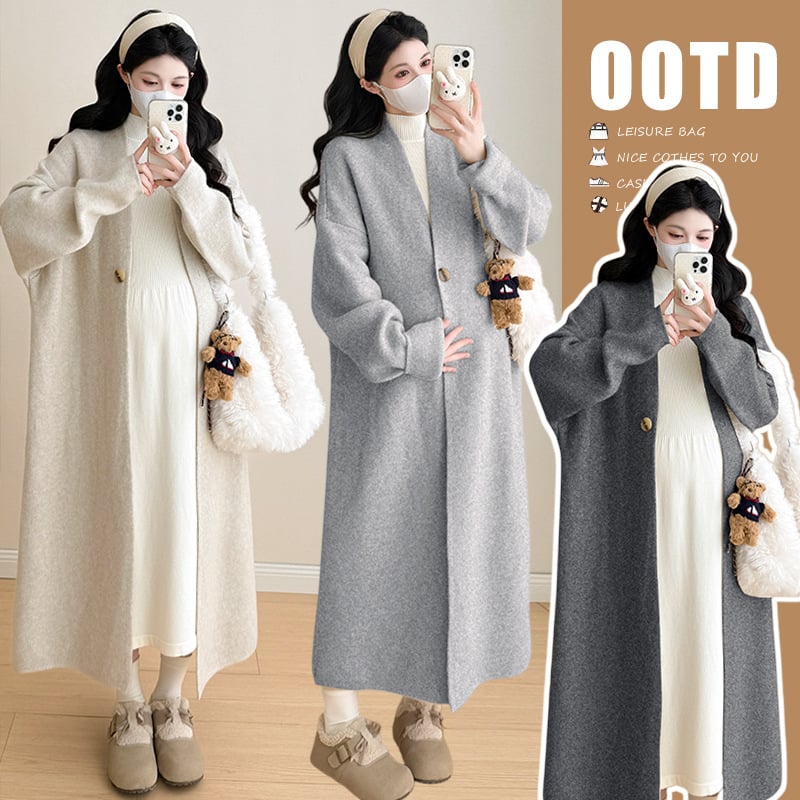 Σετ εγκύου για φθινόπωρο-χειμώνα: cardigan με ένα κουμπί και φόρεμα, V-ντεκολτέ, άνοιγμα θηλασμού, μακριά μανίκια, μακριή φούστα