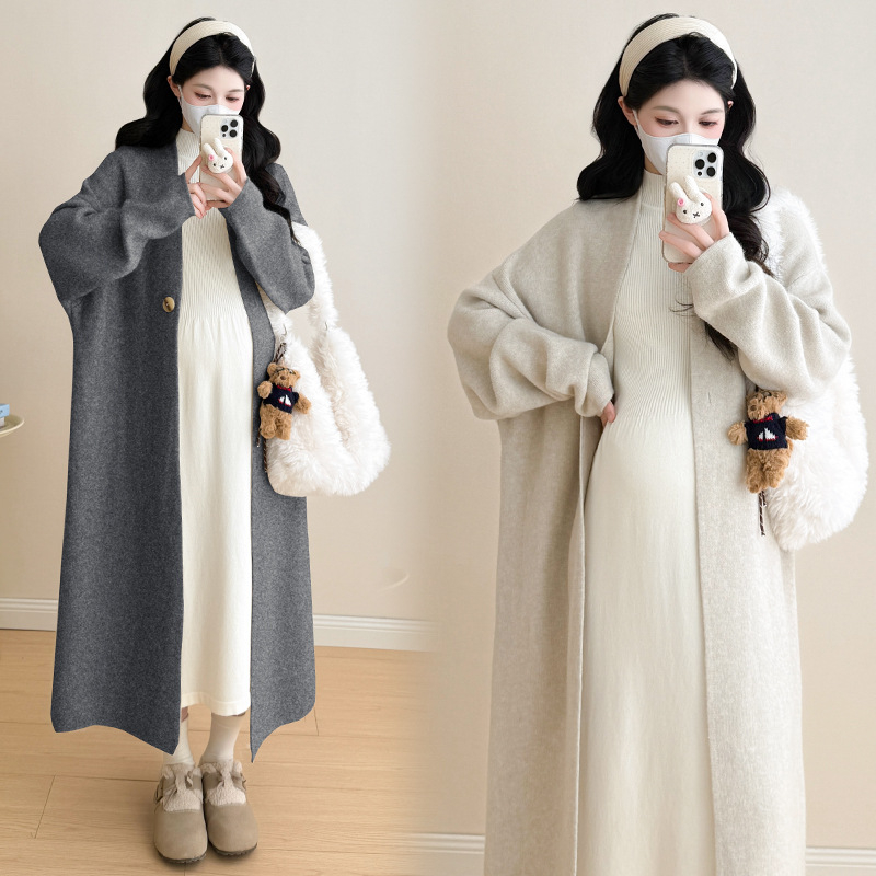 Σετ εγκύου για φθινόπωρο-χειμώνα: cardigan με ένα κουμπί και φόρεμα, V-ντεκολτέ, άνοιγμα θηλασμού, μακριά μανίκια, μακριή φούστα