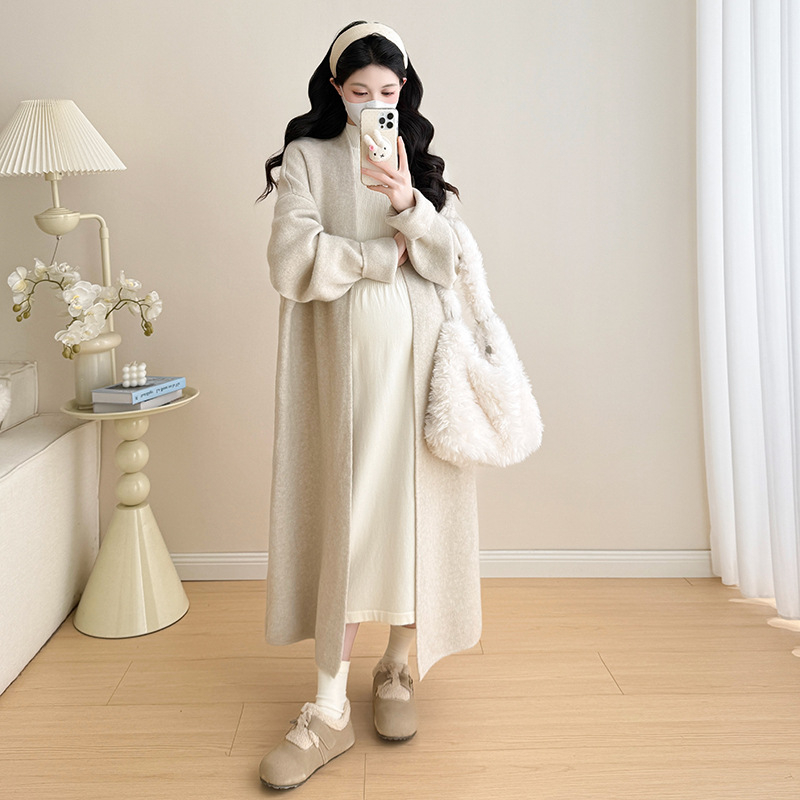 Σετ εγκύου για φθινόπωρο-χειμώνα: cardigan με ένα κουμπί και φόρεμα, V-ντεκολτέ, άνοιγμα θηλασμού, μακριά μανίκια, μακριή φούστα