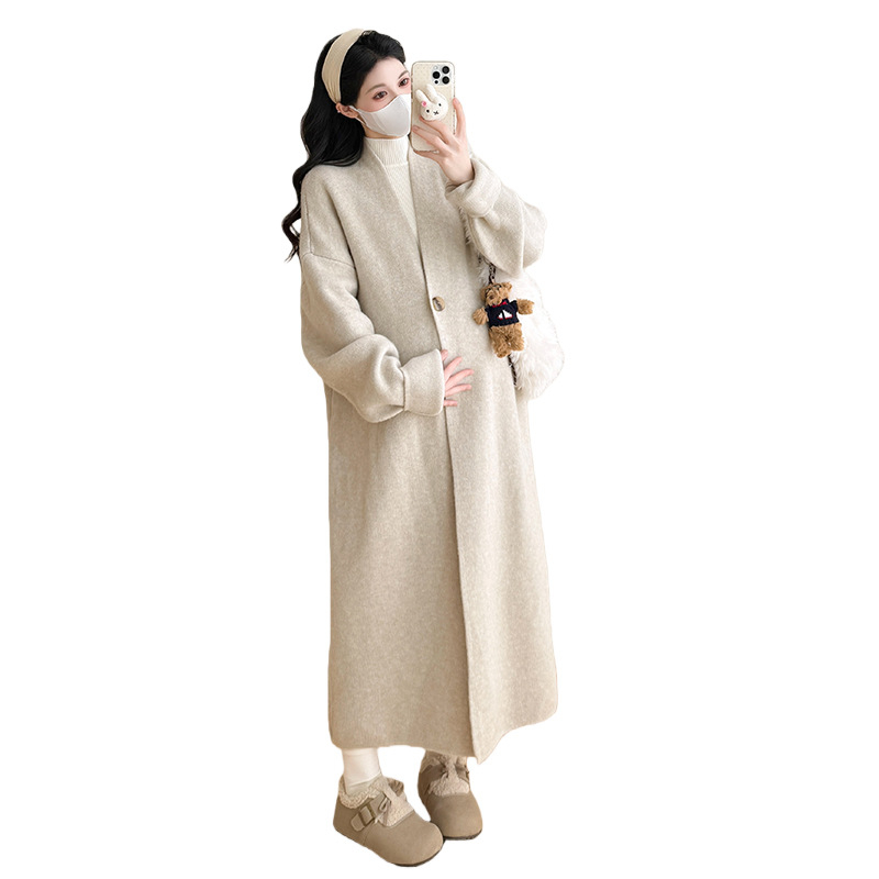 Σετ εγκύου για φθινόπωρο-χειμώνα: cardigan με ένα κουμπί και φόρεμα, V-ντεκολτέ, άνοιγμα θηλασμού, μακριά μανίκια, μακριή φούστα