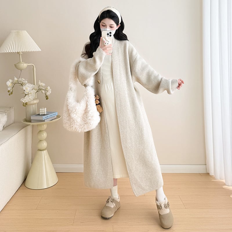 Σετ εγκύου για φθινόπωρο-χειμώνα: cardigan με ένα κουμπί και φόρεμα, V-ντεκολτέ, άνοιγμα θηλασμού, μακριά μανίκια, μακριή φούστα