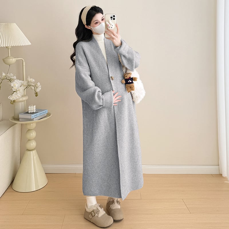 Σετ εγκύου για φθινόπωρο-χειμώνα: cardigan με ένα κουμπί και φόρεμα, V-ντεκολτέ, άνοιγμα θηλασμού, μακριά μανίκια, μακριή φούστα