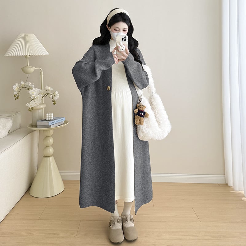 Σετ εγκύου για φθινόπωρο-χειμώνα: cardigan με ένα κουμπί και φόρεμα, V-ντεκολτέ, άνοιγμα θηλασμού, μακριά μανίκια, μακριή φούστα