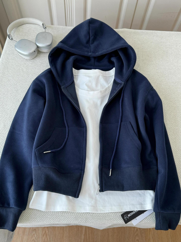 Hanorac cardigan cu capuz pentru femei, croială lejeră, lungime scurtă, material bumbac-spandex, mâneci lungi