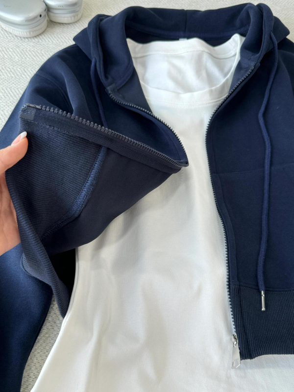 Hanorac cardigan cu capuz pentru femei, croială lejeră, lungime scurtă, material bumbac-spandex, mâneci lungi