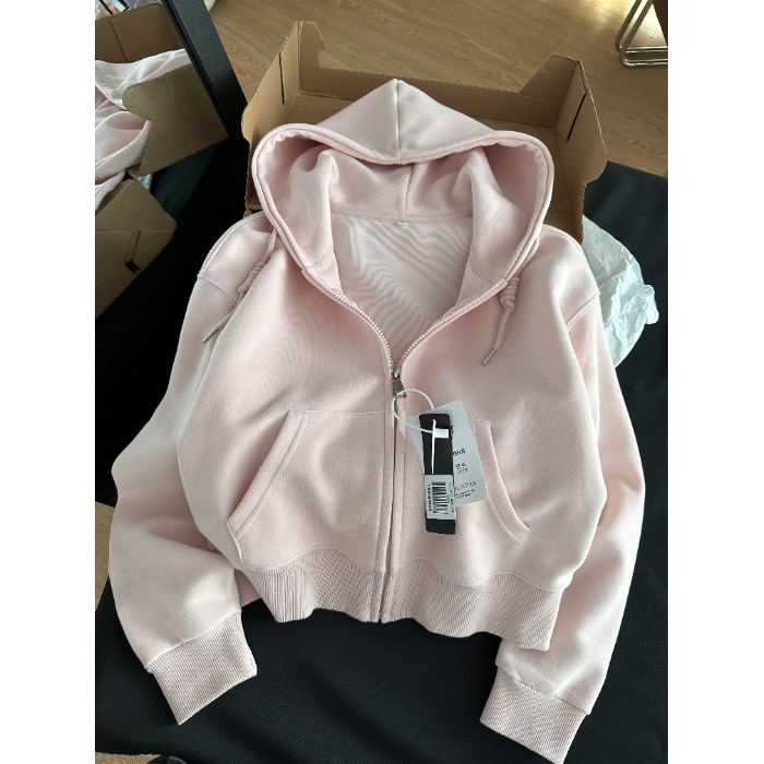Hanorac cardigan cu capuz pentru femei, croială lejeră, lungime scurtă, material bumbac-spandex, mâneci lungi