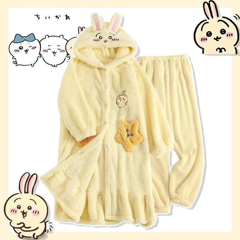 Set de pijamale din catifea corală, groasă pentru acasă, stil desen animat, decolteu în V, mâneci lungi și pantaloni
