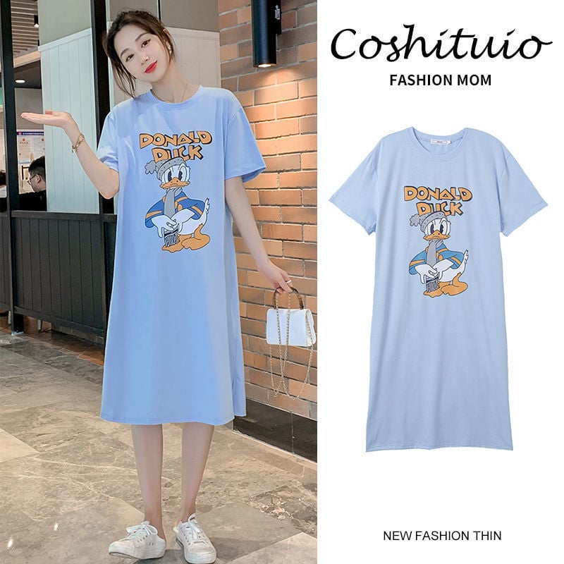 Φόρεμα εγκύου με άνοιγμα θηλασμού, λαιμόκοψη crewneck, μανίκια 3/4, πολυεστέρας 95%+, μοτίβο κινουμένων σχεδίων, μίντι μήκος.