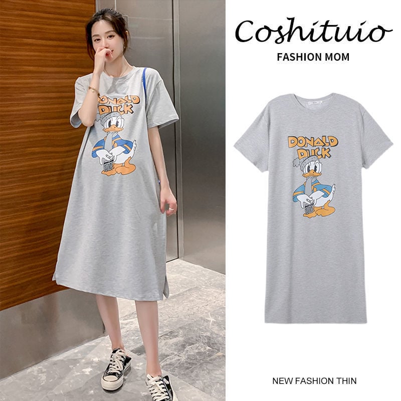 Φόρεμα εγκύου με άνοιγμα θηλασμού, λαιμόκοψη crewneck, μανίκια 3/4, πολυεστέρας 95%+, μοτίβο κινουμένων σχεδίων, μίντι μήκος.