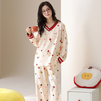 Set de pijamale damă cu glugă, 100% bumbac, guler V, mâneci lungi, 141–160 g/m2, potrivit pentru toate sezoanele
