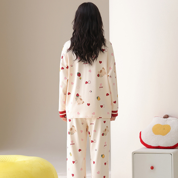 Set de pijamale damă cu glugă, 100% bumbac, guler V, mâneci lungi, 141–160 g/m2, potrivit pentru toate sezoanele
