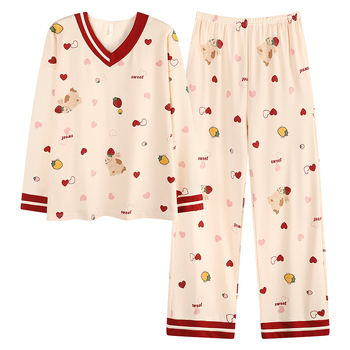 Set de pijamale damă cu glugă, 100% bumbac, guler V, mâneci lungi, 141–160 g/m2, potrivit pentru toate sezoanele