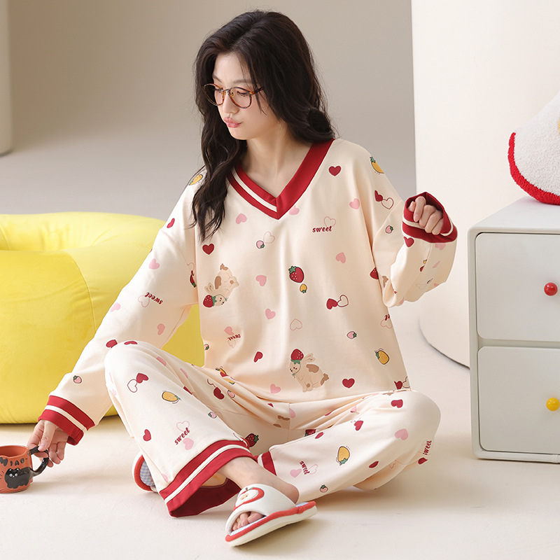 Set de pijamale damă cu glugă, 100% bumbac, guler V, mâneci lungi, 141–160 g/m2, potrivit pentru toate sezoanele