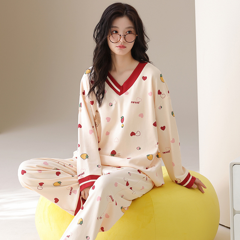 Set de pijamale damă cu glugă, 100% bumbac, guler V, mâneci lungi, 141–160 g/m2, potrivit pentru toate sezoanele