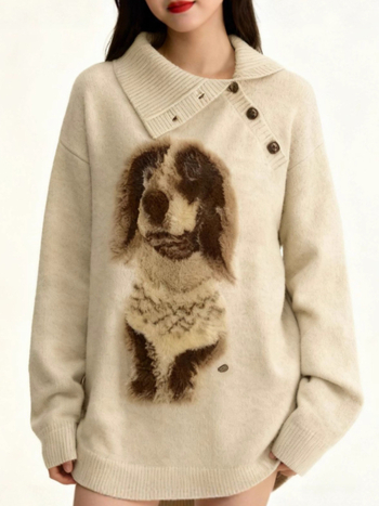 Γυναικείος ζακάρ πλεκτός πουλόβερ με μοτίβο σκύλου, κουκούλα, χαλαρή γραμμή, μείγμα πολυεστέρα-σπαντέξ, μακριά μανίκια