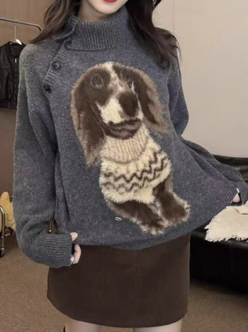 Γυναικείος ζακάρ πλεκτός πουλόβερ με μοτίβο σκύλου, κουκούλα, χαλαρή γραμμή, μείγμα πολυεστέρα-σπαντέξ, μακριά μανίκια