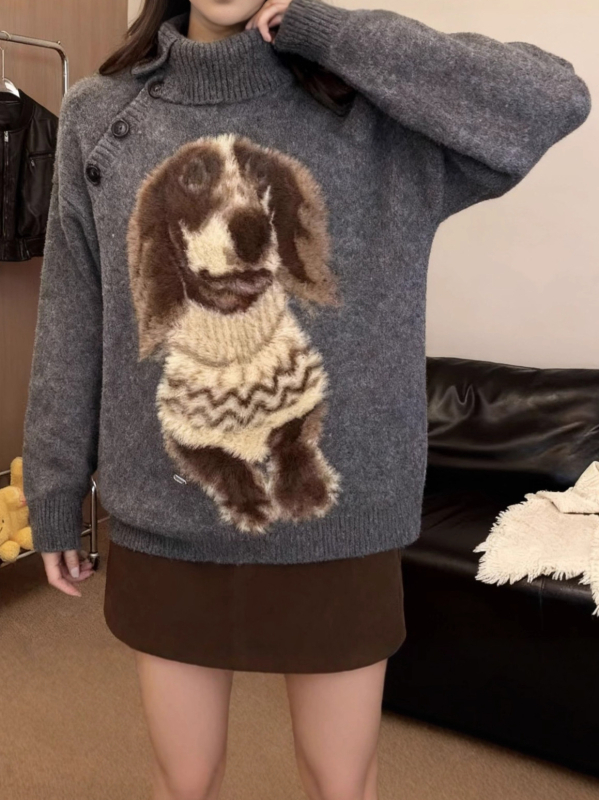 Γυναικείος ζακάρ πλεκτός πουλόβερ με μοτίβο σκύλου, κουκούλα, χαλαρή γραμμή, μείγμα πολυεστέρα-σπαντέξ, μακριά μανίκια