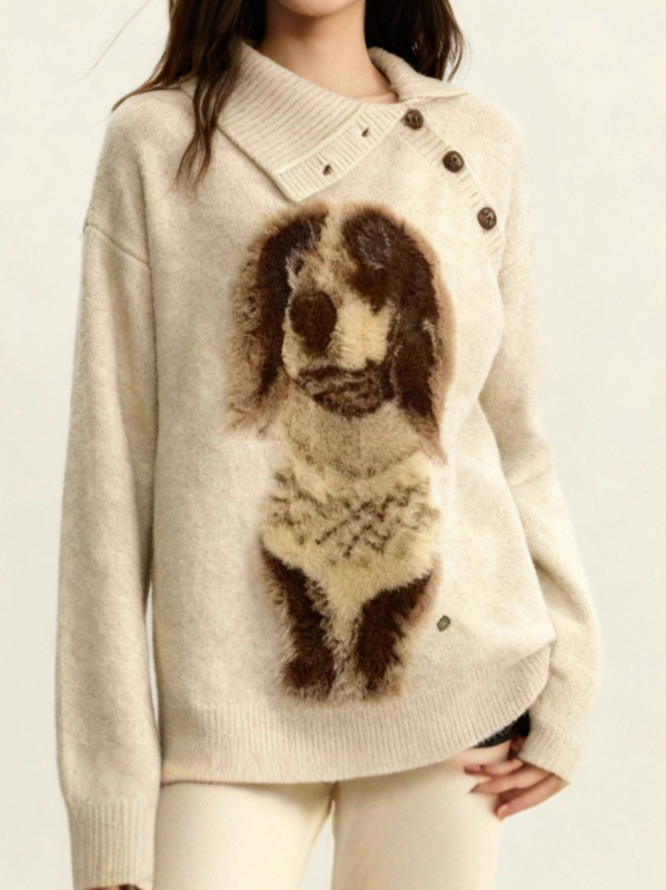 Γυναικείος ζακάρ πλεκτός πουλόβερ με μοτίβο σκύλου, κουκούλα, χαλαρή γραμμή, μείγμα πολυεστέρα-σπαντέξ, μακριά μανίκια