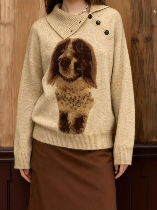 Γυναικείος ζακάρ πλεκτός πουλόβερ με μοτίβο σκύλου, κουκούλα, χαλαρή γραμμή, μείγμα πολυεστέρα-σπαντέξ, μακριά μανίκια