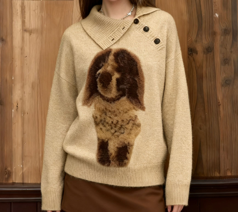 Γυναικείος ζακάρ πλεκτός πουλόβερ με μοτίβο σκύλου, κουκούλα, χαλαρή γραμμή, μείγμα πολυεστέρα-σπαντέξ, μακριά μανίκια
