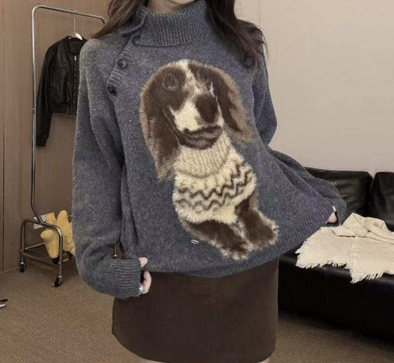 Γυναικείος ζακάρ πλεκτός πουλόβερ με μοτίβο σκύλου, κουκούλα, χαλαρή γραμμή, μείγμα πολυεστέρα-σπαντέξ, μακριά μανίκια