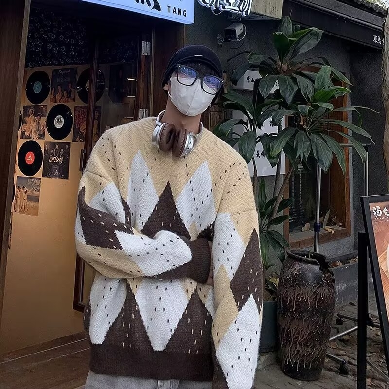 Pulover od poliestera i spandeksa, color-block uzorak, slobodan kroj, okrugli izrez, izuzetno debeli pleteni materijal