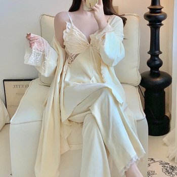 Pijamă trei piese din catifea Island, decolteu în V, mâneci lungi și pantaloni; stil sexy, material gros, 90–95% poliester; potrivită pentru iarnă, primăvară și toamnă.