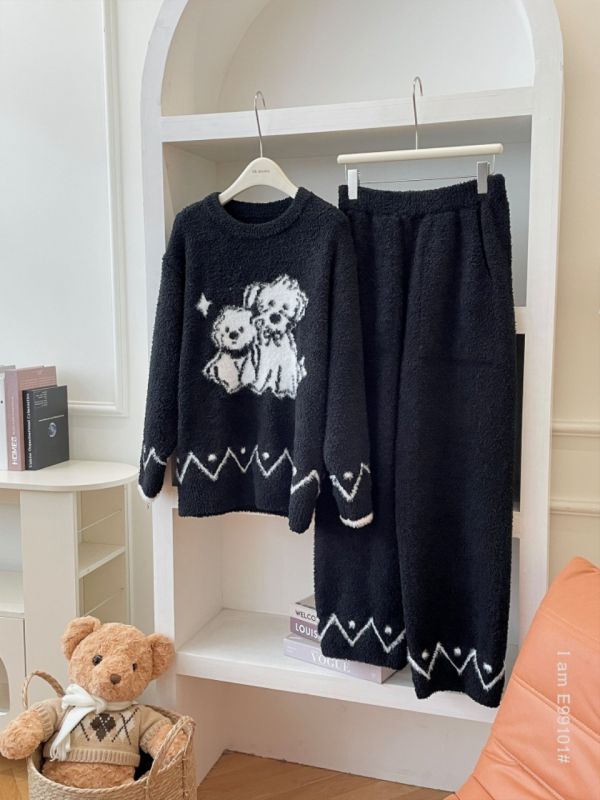 Set de pijamale femei, catifea semi-velur, gros, cu guler rotund, mâneci lungi, top și pantaloni
