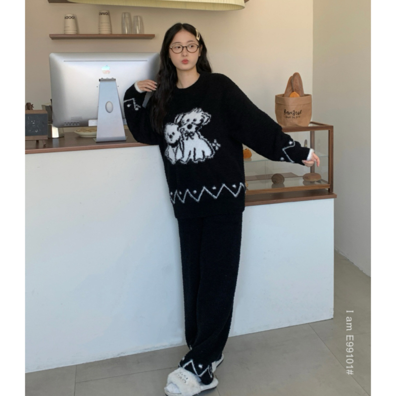 Set de pijamale femei, catifea semi-velur, gros, cu guler rotund, mâneci lungi, top și pantaloni