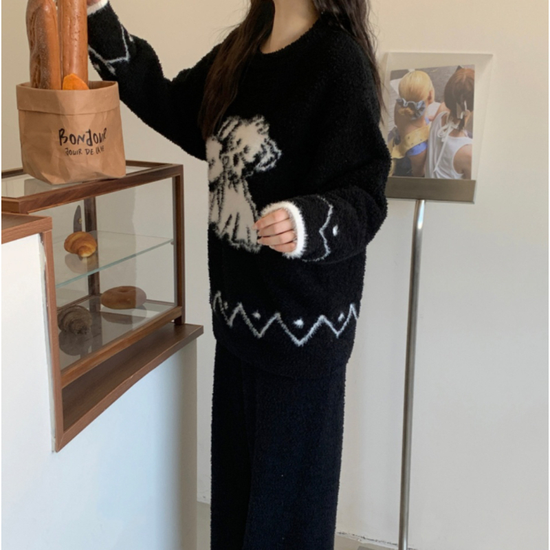 Set de pijamale femei, catifea semi-velur, gros, cu guler rotund, mâneci lungi, top și pantaloni