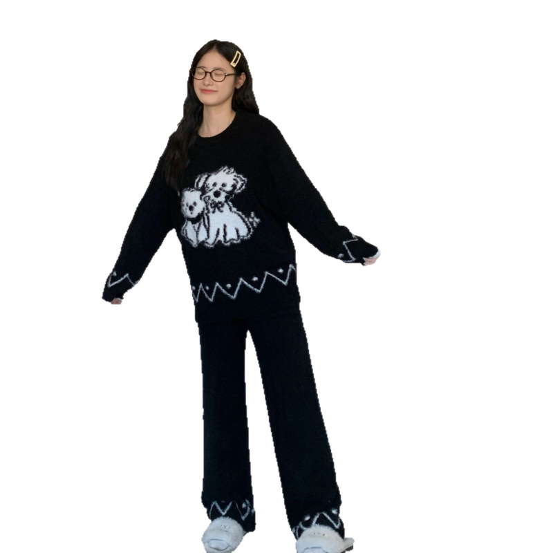 Set de pijamale femei, catifea semi-velur, gros, cu guler rotund, mâneci lungi, top și pantaloni