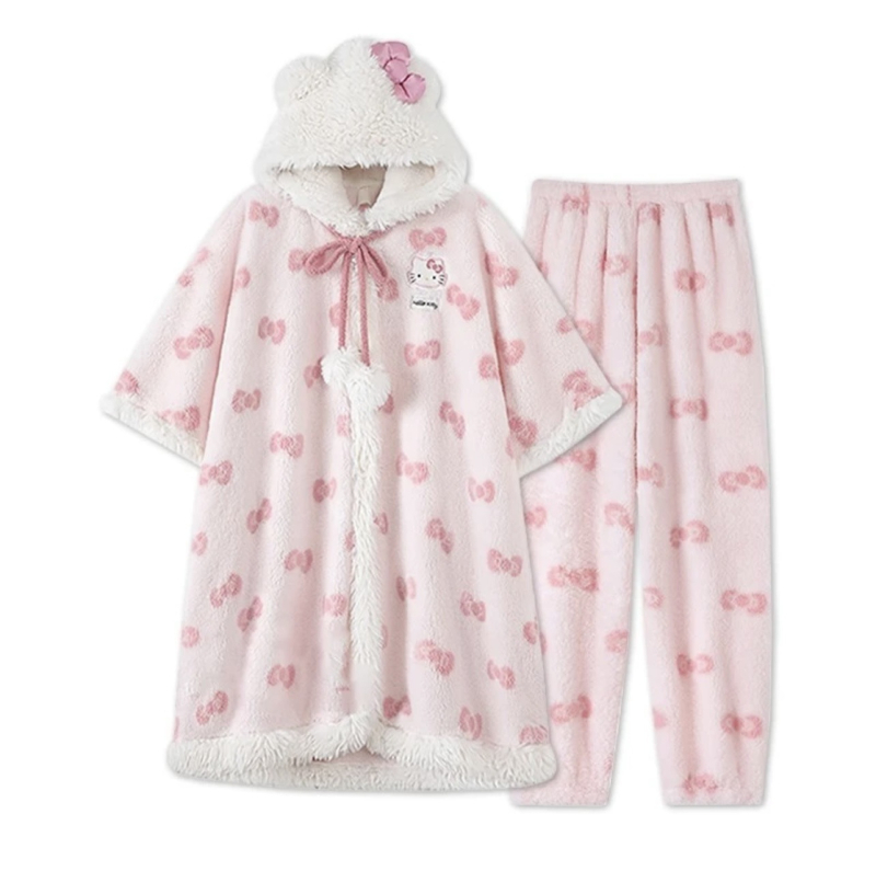 Flanel pidžama u kardigana stilu s kapom za djevojčice, gustoća 251–300 g/m2, okrugli izrez, rukavi 3/4