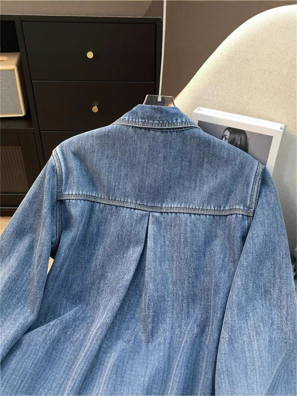 Denim košulja-jakna s fleec navlakom, opuštenog kroja, retro stil, svijetlo plava, casual jesen-zima za žene
