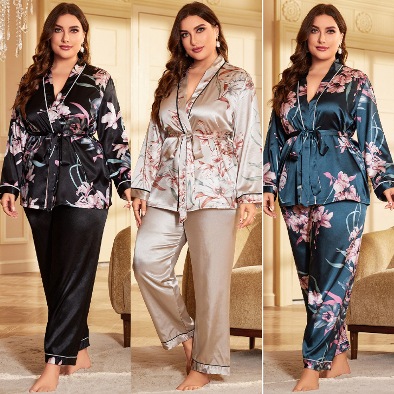 Pijama din ice silk cu mâneci lungi, decolteu în V, țesătură ușoară 141–160 g/m2, 100% poliester, stil de vară european-american