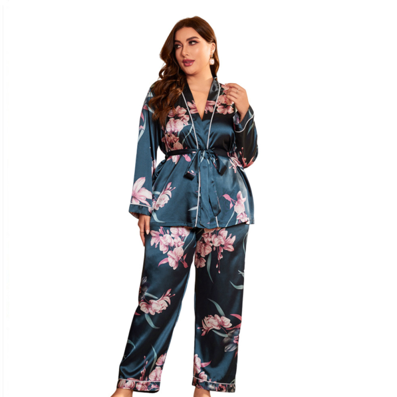 Pijama din ice silk cu mâneci lungi, decolteu în V, țesătură ușoară 141–160 g/m2, 100% poliester, stil de vară european-american