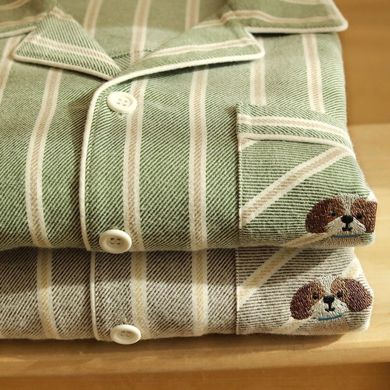 Set de pijamale pentru cuplu - bumbac flanel, în dungi, mânecă lungă, guler rever, unisex, pijama de casă de toamnă