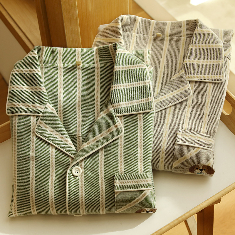 Set de pijamale pentru cuplu - bumbac flanel, în dungi, mânecă lungă, guler rever, unisex, pijama de casă de toamnă