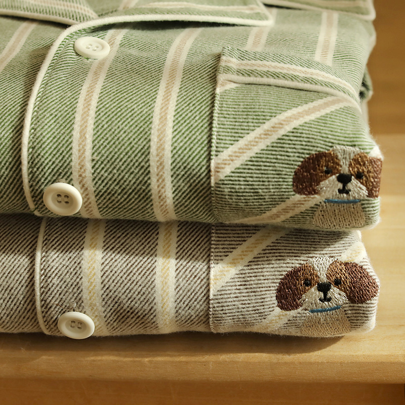 Set de pijamale pentru cuplu - bumbac flanel, în dungi, mânecă lungă, guler rever, unisex, pijama de casă de toamnă