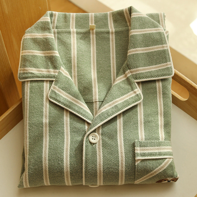 Set de pijamale pentru cuplu - bumbac flanel, în dungi, mânecă lungă, guler rever, unisex, pijama de casă de toamnă