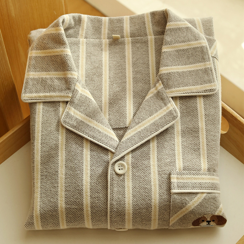Set de pijamale pentru cuplu - bumbac flanel, în dungi, mânecă lungă, guler rever, unisex, pijama de casă de toamnă