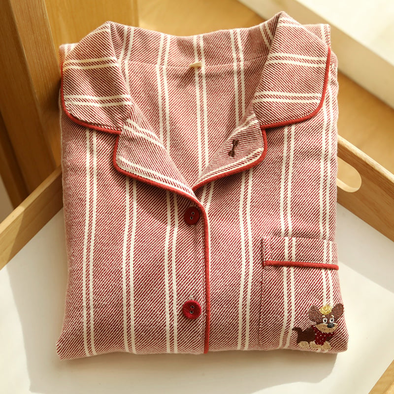 Set de pijamale pentru cuplu - bumbac flanel, în dungi, mânecă lungă, guler rever, unisex, pijama de casă de toamnă