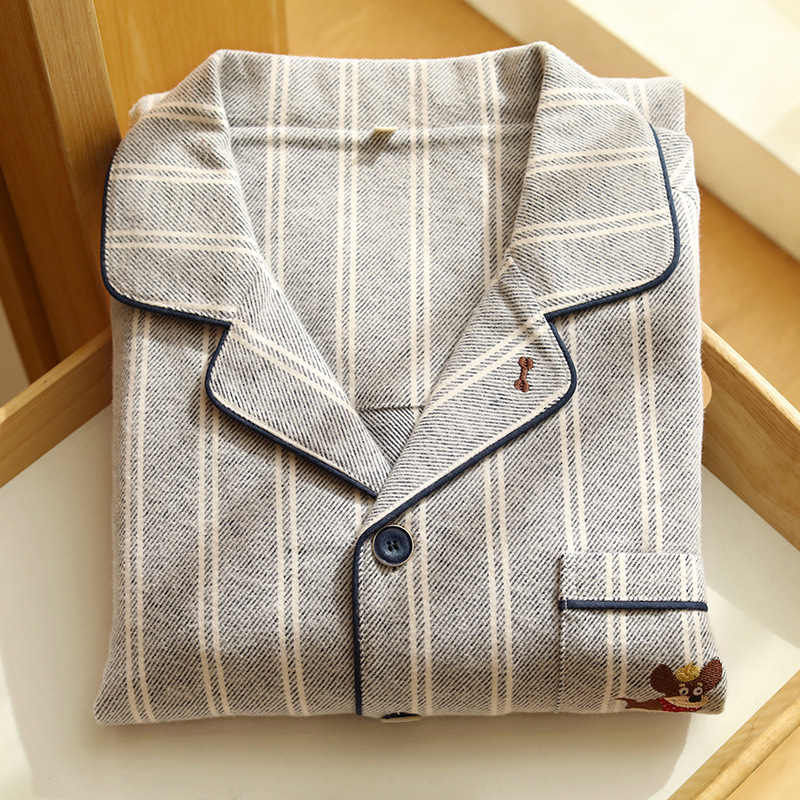 Set de pijamale pentru cuplu - bumbac flanel, în dungi, mânecă lungă, guler rever, unisex, pijama de casă de toamnă