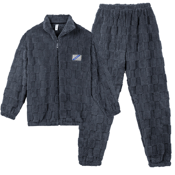 Set de pijamale pentru bărbați, iarnă, din flanel cu căptușeală fleece, guler înalt (stand collar), stil cardigan, mâneci lungi și pantaloni, confortabil și călduros.