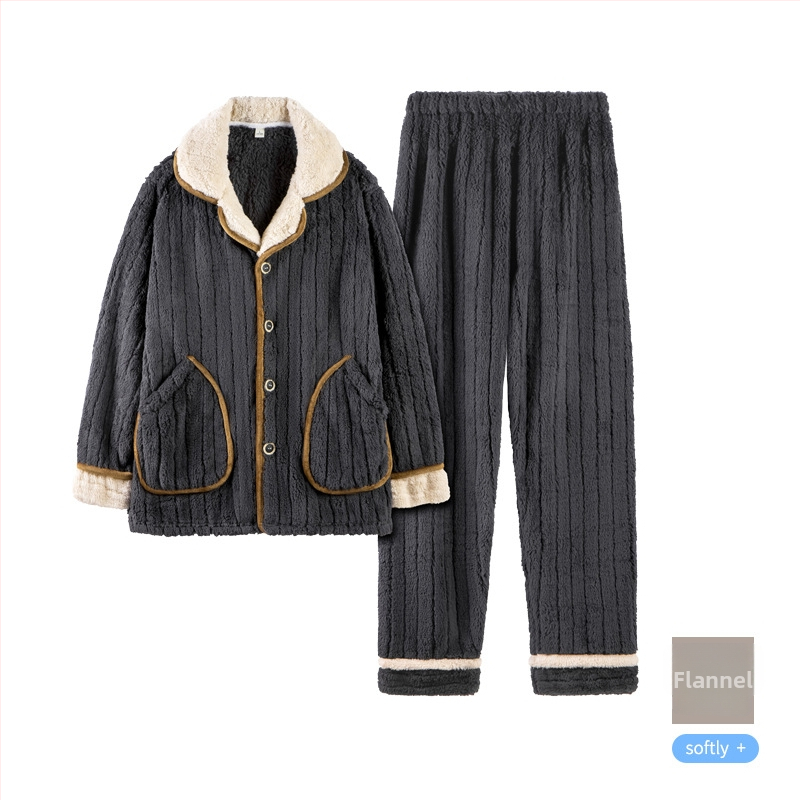 Set de pijamale pentru bărbați, iarnă, din flanel cu căptușeală fleece, guler înalt (stand collar), stil cardigan, mâneci lungi și pantaloni, confortabil și călduros.