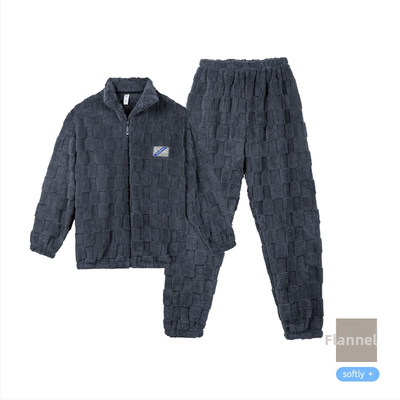Set de pijamale pentru bărbați, iarnă, din flanel cu căptușeală fleece, guler înalt (stand collar), stil cardigan, mâneci lungi și pantaloni, confortabil și călduros.