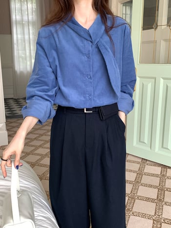 Γυναικείο πουκάμισο από βαμβάκι με λαιμό φουλάρι, χαλαρή γραμμή, μακριά μανίκια, μεσαίο μήκος, ιαπωνο-κορεατικό χαλαρό στυλ