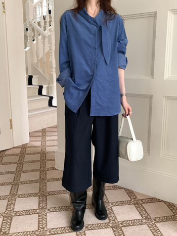 Γυναικείο πουκάμισο από βαμβάκι με λαιμό φουλάρι, χαλαρή γραμμή, μακριά μανίκια, μεσαίο μήκος, ιαπωνο-κορεατικό χαλαρό στυλ