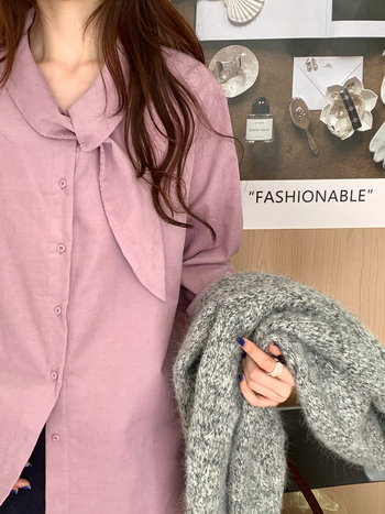 Γυναικείο πουκάμισο από βαμβάκι με λαιμό φουλάρι, χαλαρή γραμμή, μακριά μανίκια, μεσαίο μήκος, ιαπωνο-κορεατικό χαλαρό στυλ